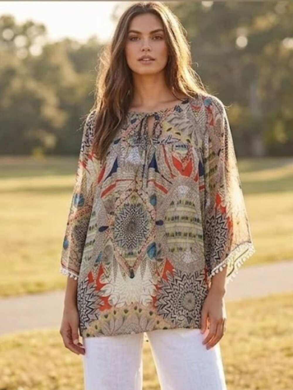 Umgee USA Sz Medium Boho Tie Neck Southwestern Feather Sheer Blouse Romantic AOP